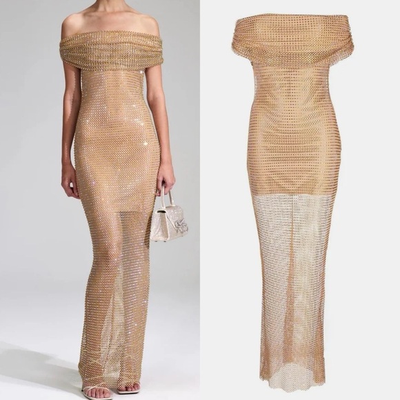Self Portrait Tan Hotfix Fishnet Maxi Dress crystal Rhinestone studded gown 10 - Picture 1 of 16